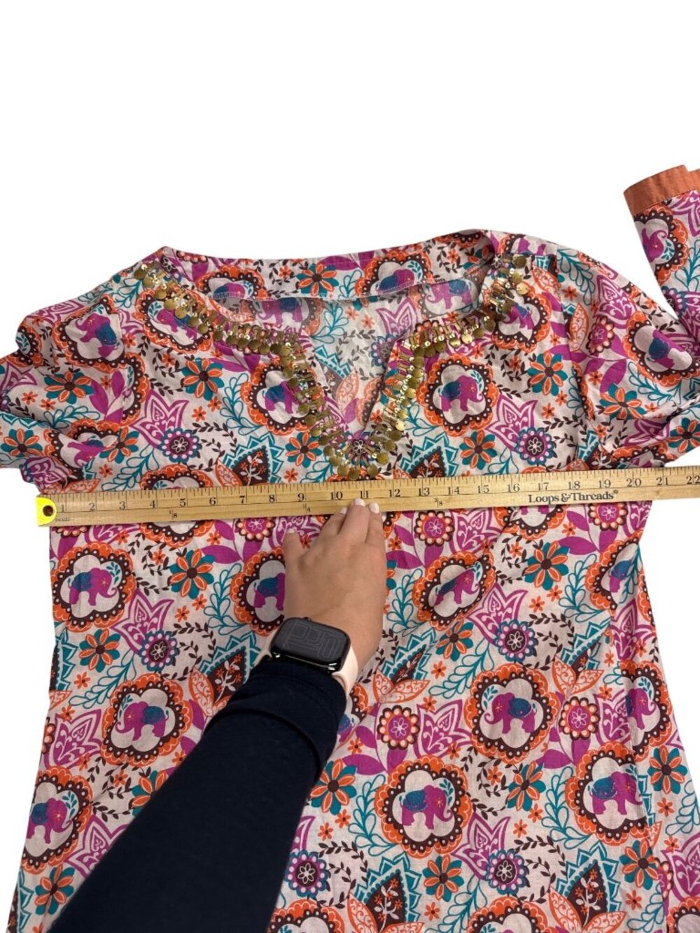 Women’s Boho Floral Medallion Tunic Top Beaded V Neck 3/4 Sleeve Resort Festival - Picture 9 of 12